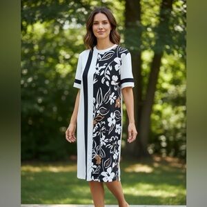 Joseph Ribkoff Floral Colorblock Shift Dress Size 10 Black White